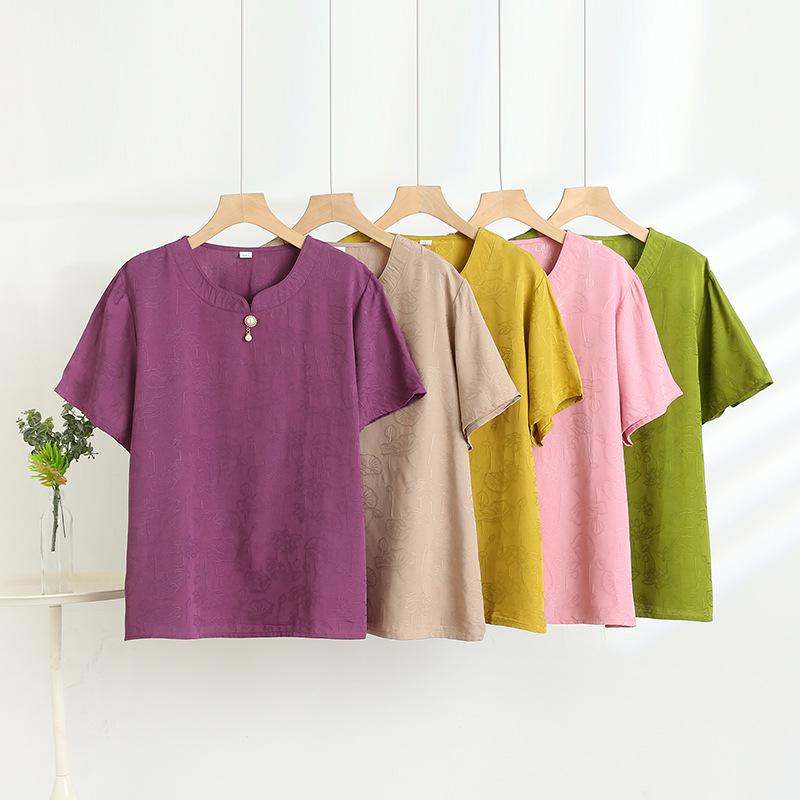 

High-End Cotton Jacquard Summer T-Shirt for Middle-Aged and Elderly Women - Short-Sleeved, Loose, Versatile. 4XL 125-145 lbs