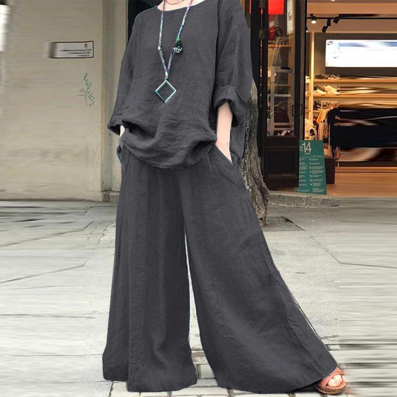 In Stock 2023 Women's Casual Loose Cotton Linen Solid Color Two-Piece Set