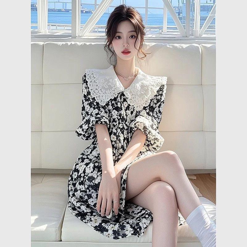 Women's Floral Print Doll Collar Dress - Spring/Summer 2026 Collection: Waist-Cinched, Slimming, Resort-Ready, Beautiful Design