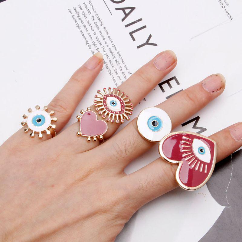 5Pcs Heart Enamel Evil Eye Open Band Women Rings Exaggerated Fashion Jewelry
