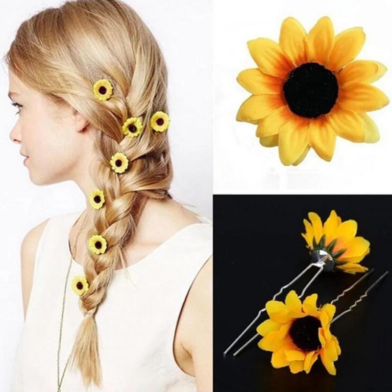 5Pcs Yellow Sunflower Hair Pins Wedding Bridal Prom Beauty Styling Accessories Hairclips for Women Creative Birthday Gift Supply