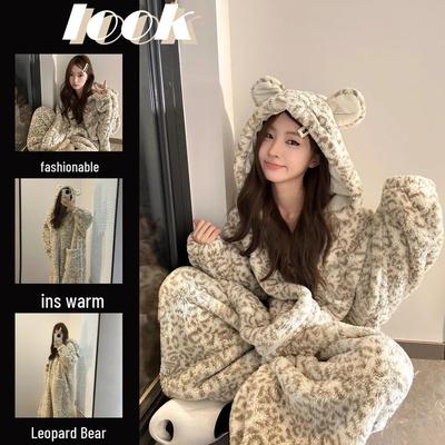 Women's Winter Cartoon Leopard Print Hooded Onesie Pajamas - Fleece Lined, Thick & Cute Homewear.