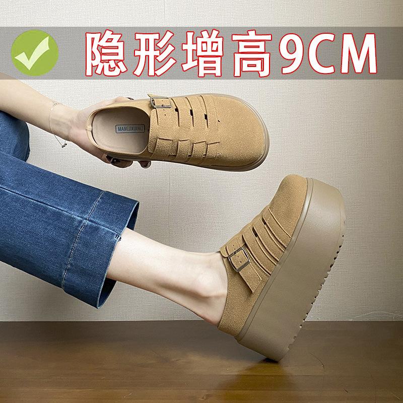 

Height-increasing small size cork slippers women s bag head outer wear casual half-pack retro couple half-drag lazy feet 33 малиновий