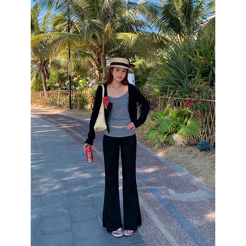 Mishang Korean Slim Fit Cardigan & Micro-Flare Pants 3-Piece Set Small чёрный