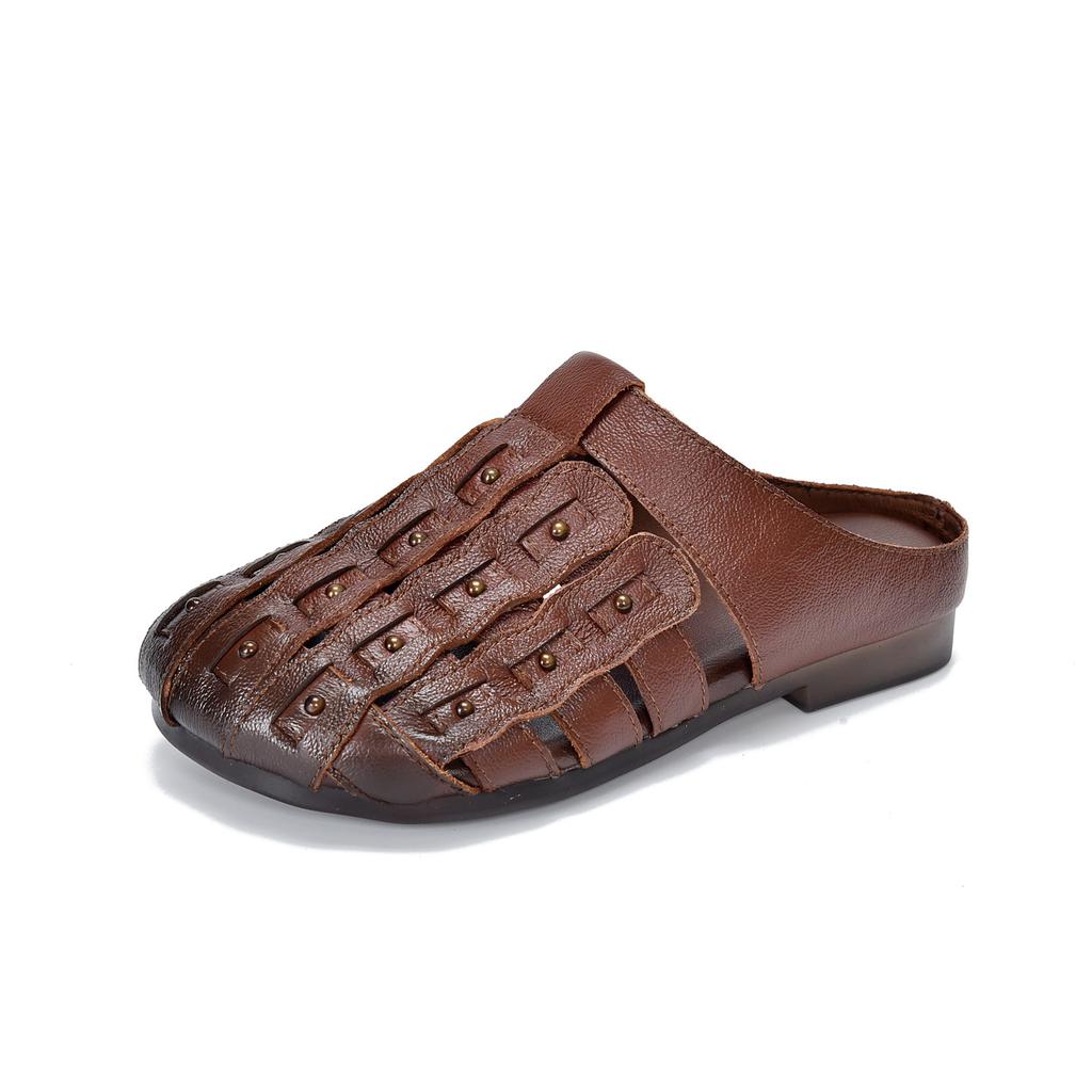 Johnature Genuine Leather Round Toe Flat Slippers Hollow Out Soft Soled Outdoor Slides Women's Slip-on Sheos