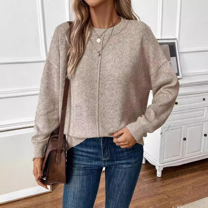 Pulover tricotat de culoare solidă, cu gât rotund, de toamnă și iarnă