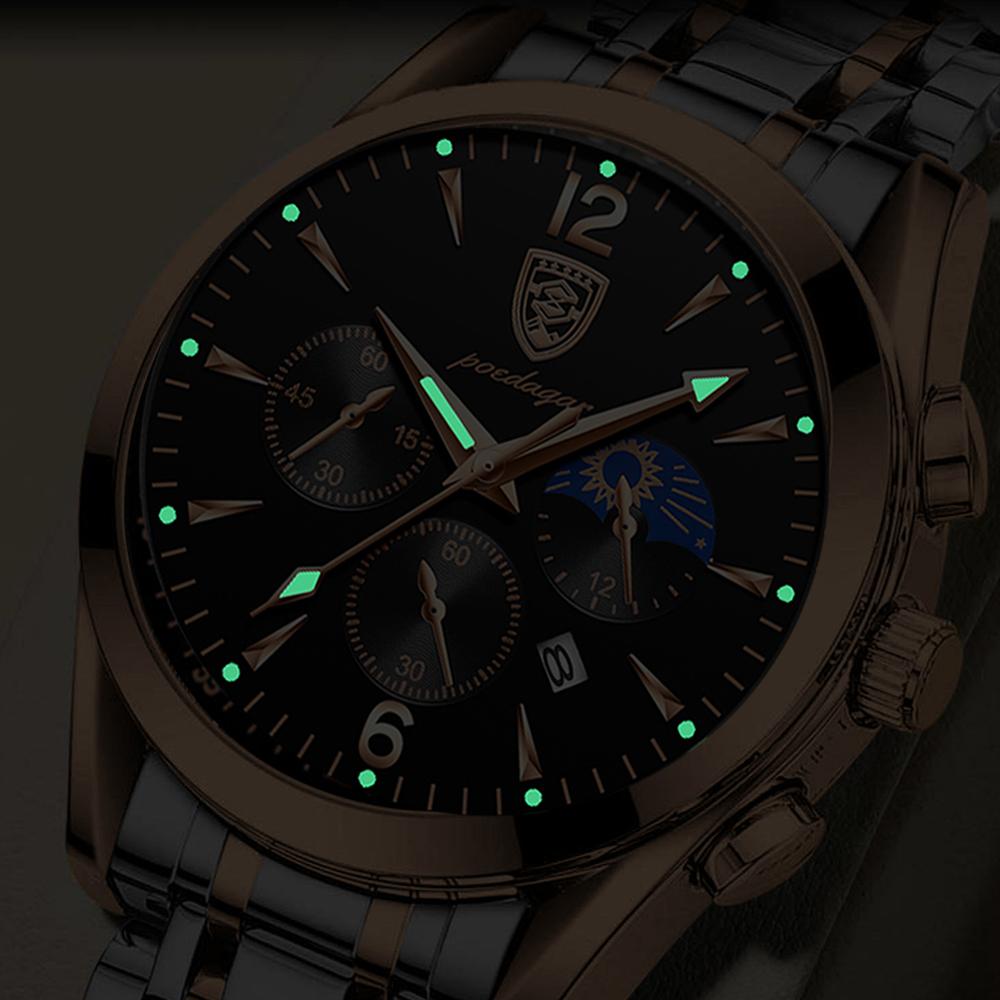 Poedagar 829 Luxury Men Watch Chronograph Quartz Stainless Steel Band Waterproof Luminous Hands Casual Business Wristwatch