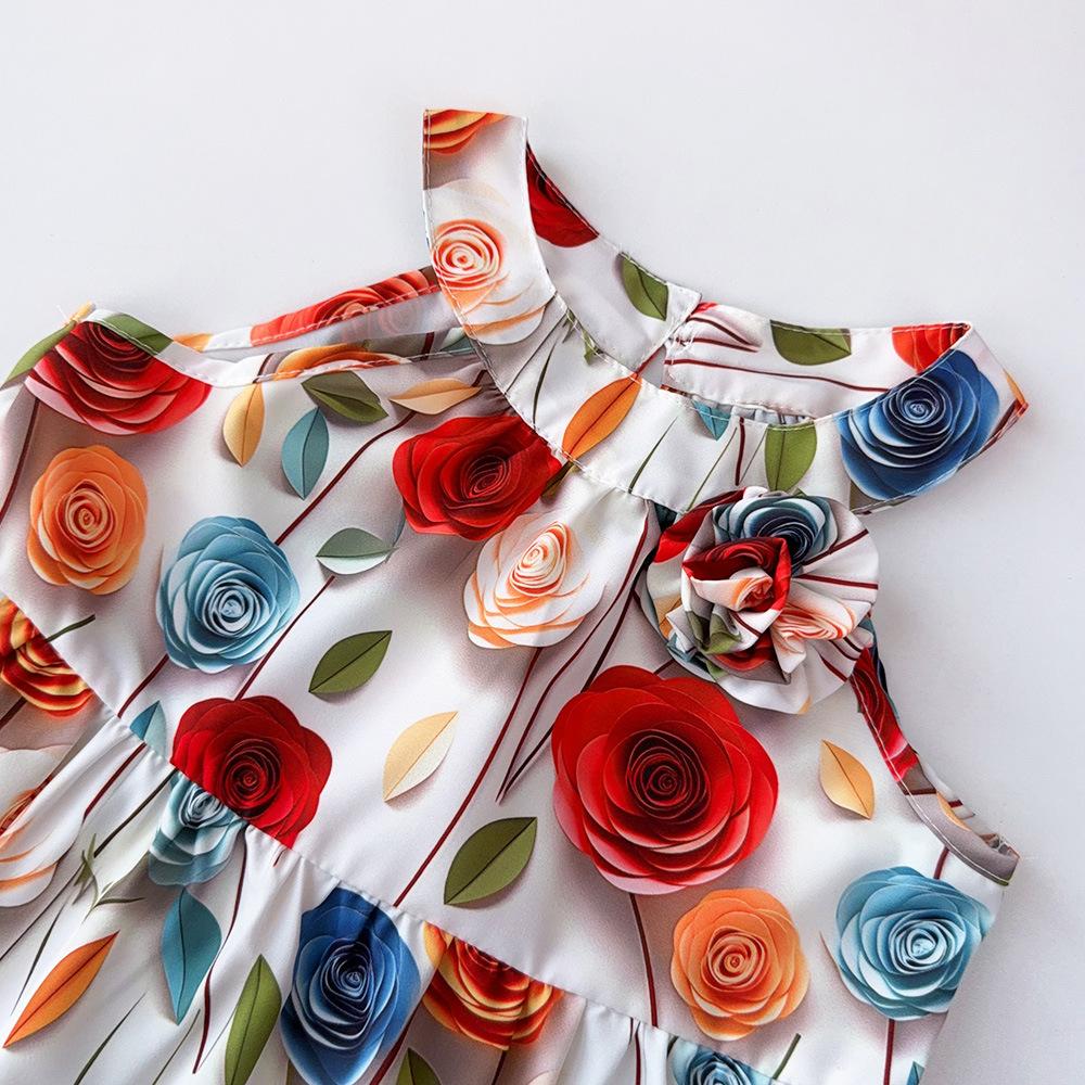 Fashion New Girls' Dress Summer Sleeveless Halter Neck Floral Print Children's Dress Korean Style Hot-Selling Kids' Clothing
