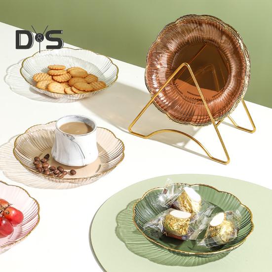 Transparent Fruit Plate Golden Edge Stackable Snacks Serving Platter Unbreakable Round Salad Dessert Dinner Plate Dining Room Supplies