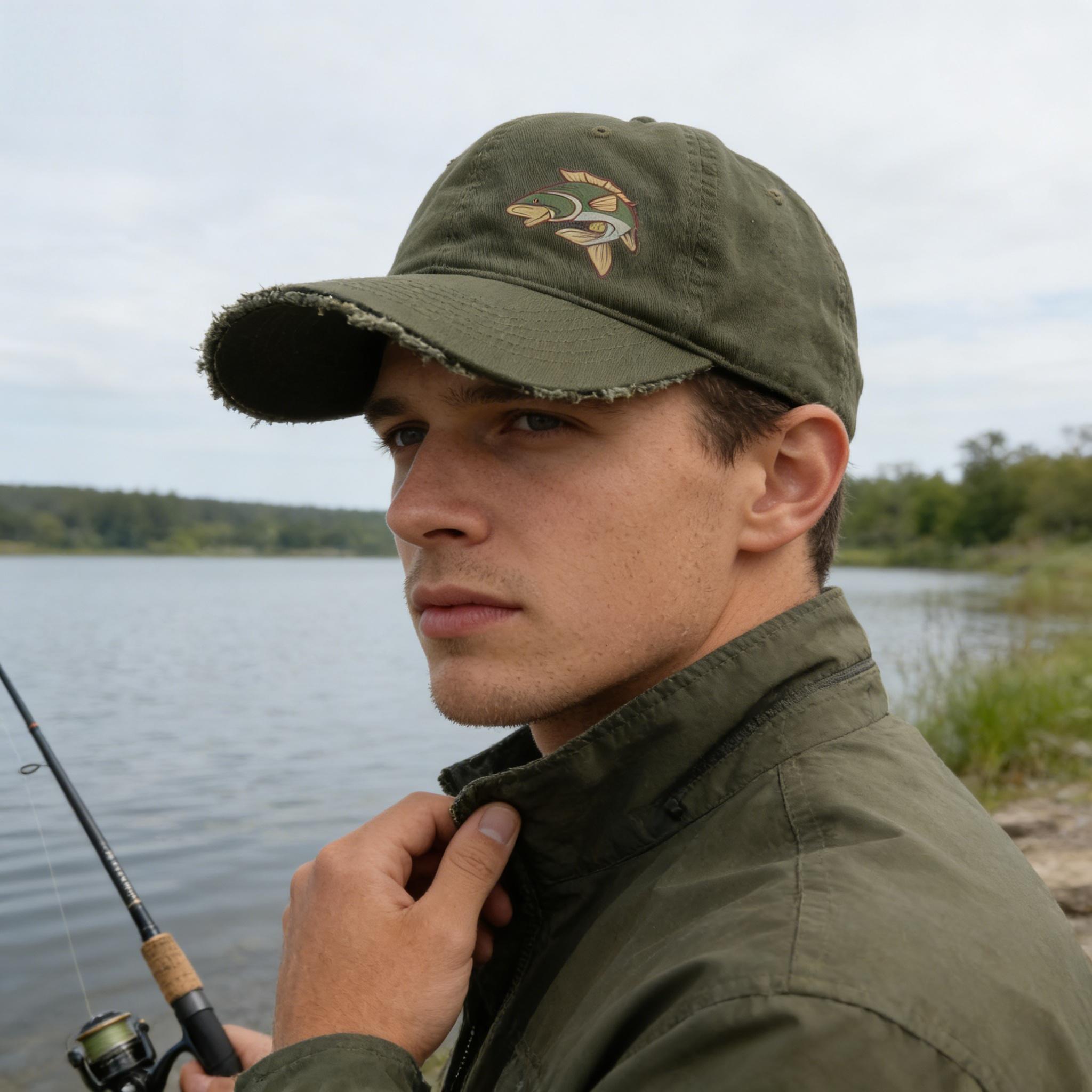 My Extreme Outdoor Activities Men's Army Green Unisex Distressed Frayed Brim Washed Cotton Baseball Cap Bass Fishing Print Adjustable Dad Hat For Wo Outdoor Daily Wear Cm