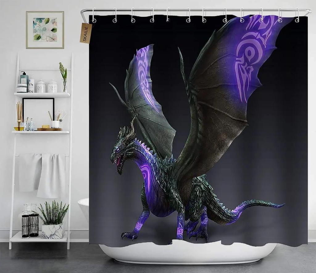 Thème Fantasy Médiévale Dragon Violet Rideau de Douche Animaux Magiques Tissu Polyester Rideau de Bain Pour Décoration de Salle de Bain Avec Crochets