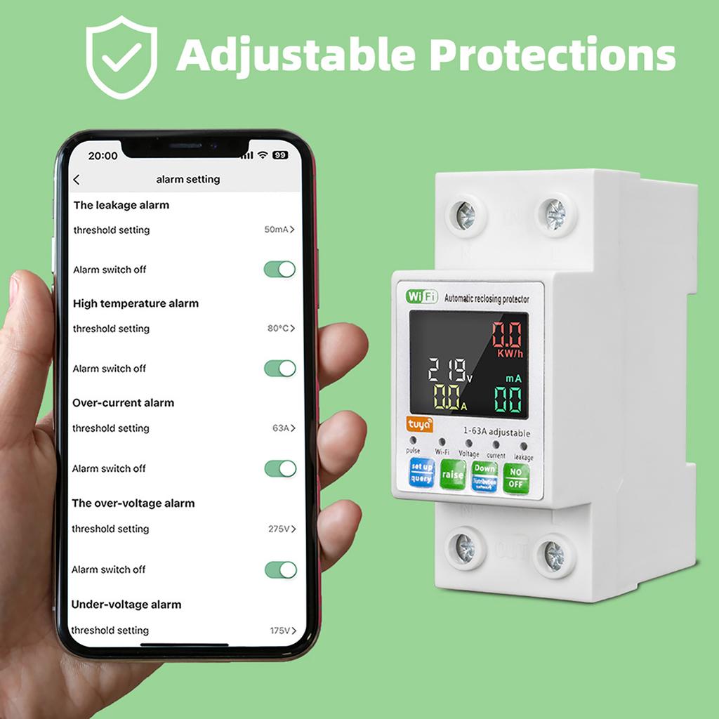 Tuya WiFi Intelligent Circuit Breaker Backlit Single Phase Energy Meter Auto Reclosing Protector with LCD Display