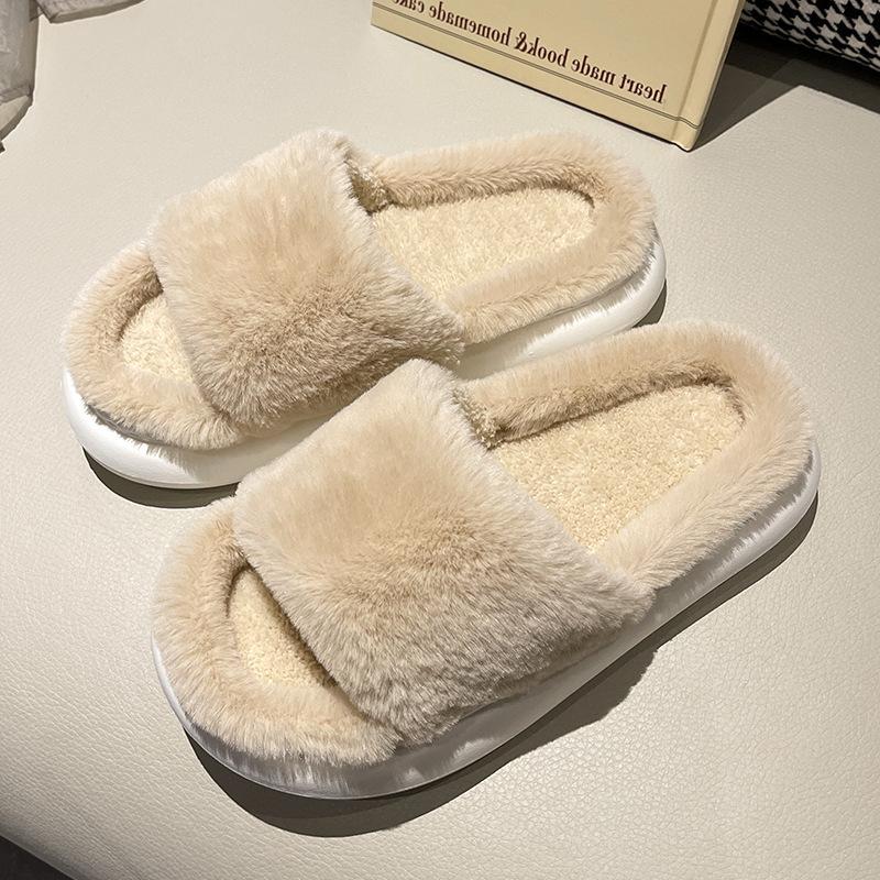 Thick-soled Fluffy Slippers for Women To Wear Autumn and Winter Trendy New Soft Fluffy Semi-cotton Slippers Spring and Summer