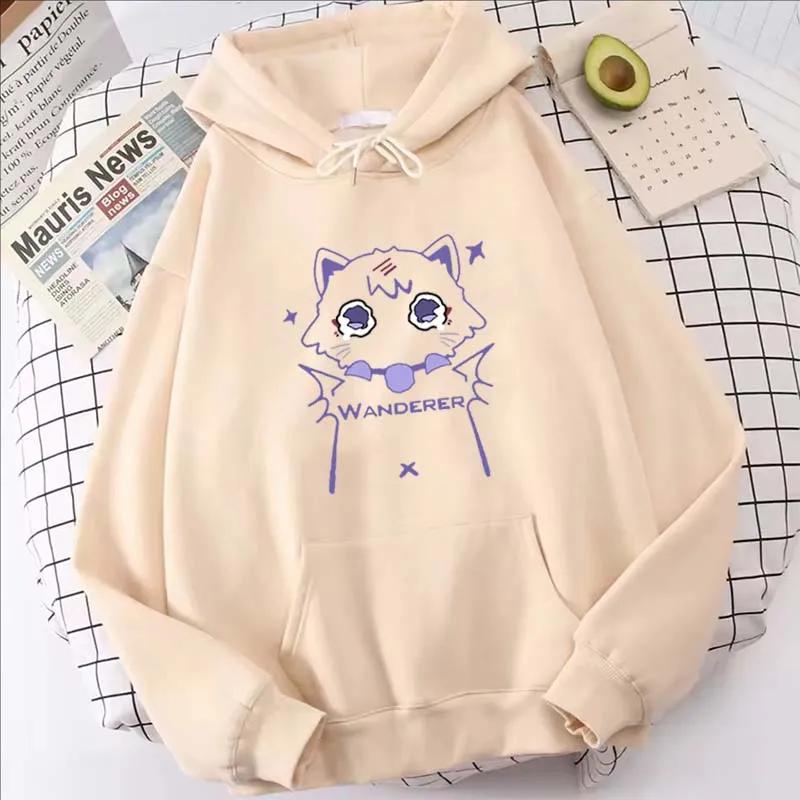 Genshin Impact Cartoon Cat Printed Hoodie Women Casual Autumn Winter Kawaii Harajuku Fleece Long Sleeve Sweatshirts