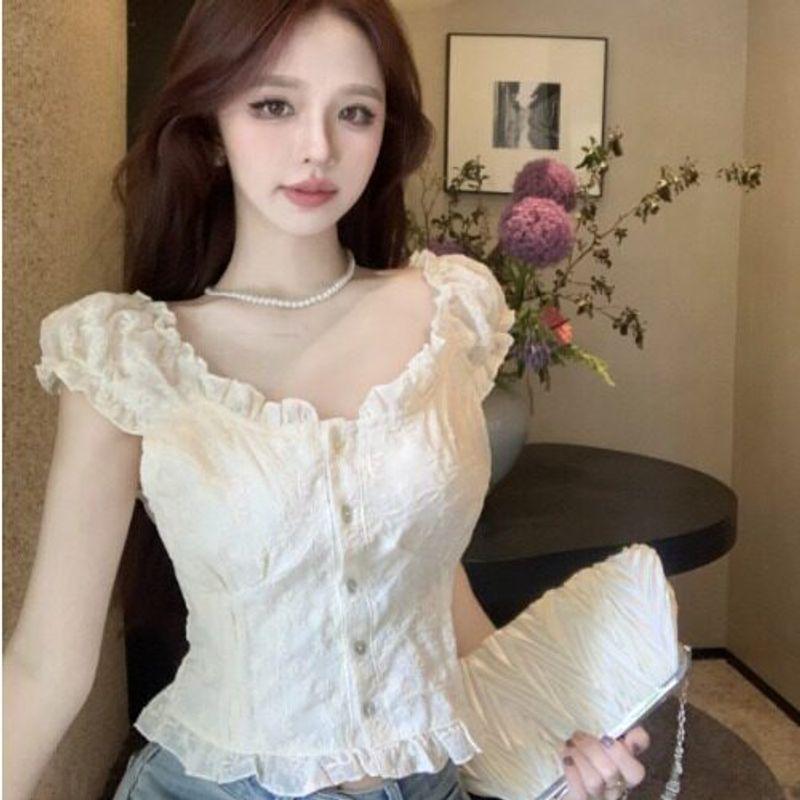 Summer New Arrival Women s French Floral Puff Sleeves Chiffon Shirt Short Temperamental Tops Sweet Short Sleeve White Shirt Picture Color S