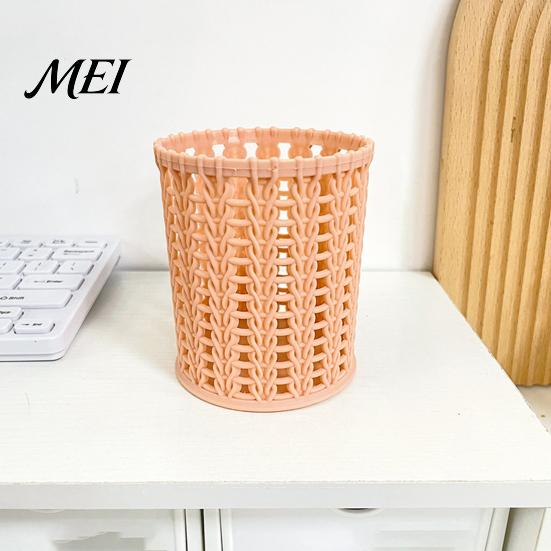 Pen Holder Imitation Rattan Holder, Round Hollow Desk Organizer, Large Capacity Pencil And Gadget Cup for Pens Pencils Makeup Brushes, Nordic