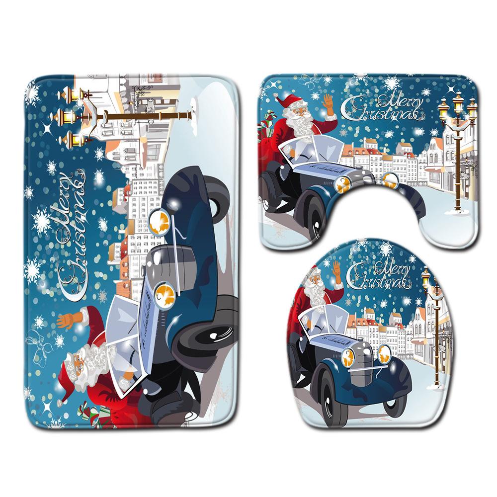 Christmas Home Door Mat Bathroom Toilet Shower Curtain Four-Piece Floor Mat Bedroom Absorbent Carpet