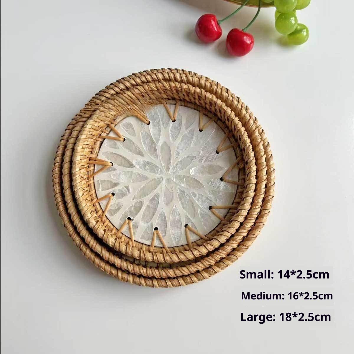 Round Seashell Snack Tray, Woven Rattan Serving Platter for Living Room, Dessert, Pastry, Tea Cup Coaster