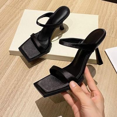 Summer New One-line Belt Square Toe Open-toe High-heeled Sandals Women's Fashion Wine Glass Heel Wide-sole Sandals