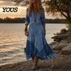 Asymmetric Hem Dress Denim Print Maxi for Women, Casual Long Sleeve V Neck Dress, Summer Loose A-line Flowy Vacation