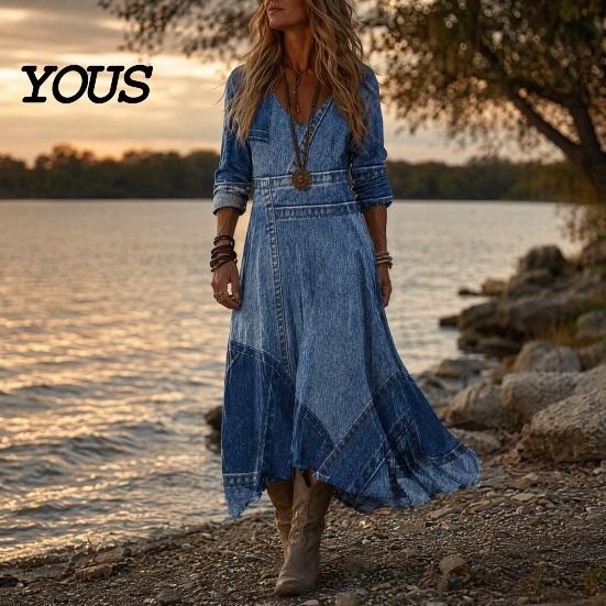 Asymmetric Hem Dress Denim Print Maxi for Women, Casual Long Sleeve V Neck Dress, Summer Loose A-line Flowy Vacation