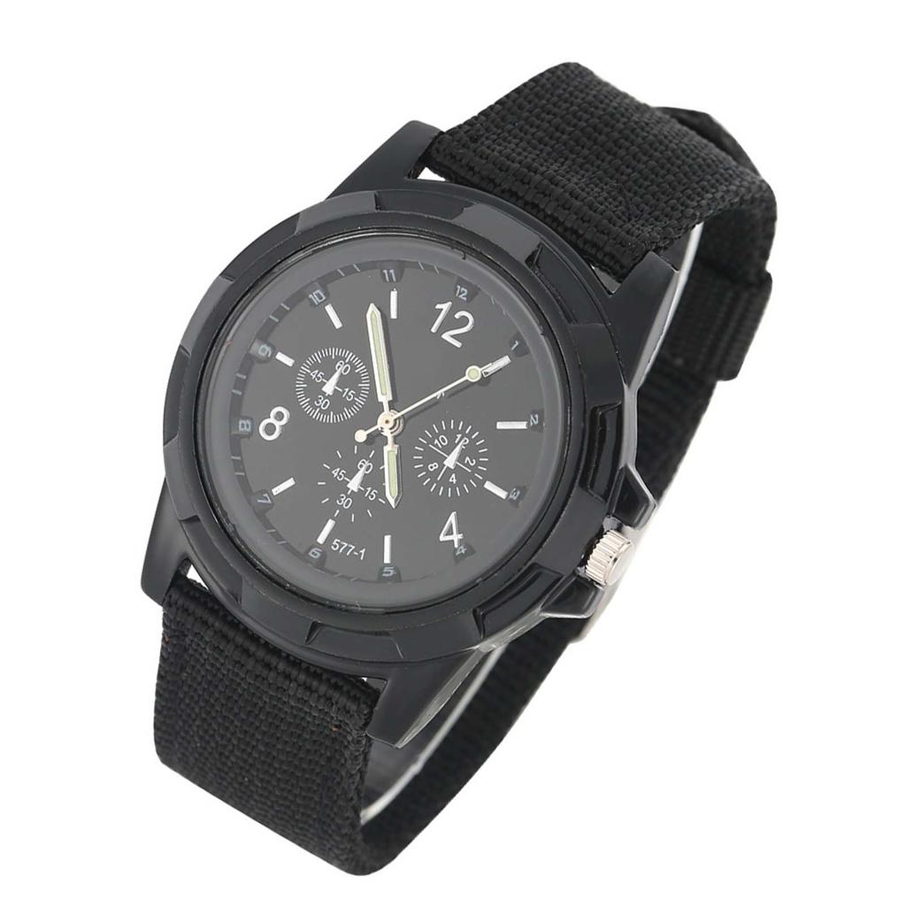 Electronic Analog Wrist Watch Round Nylon Strap Military Wristwatch (Black)