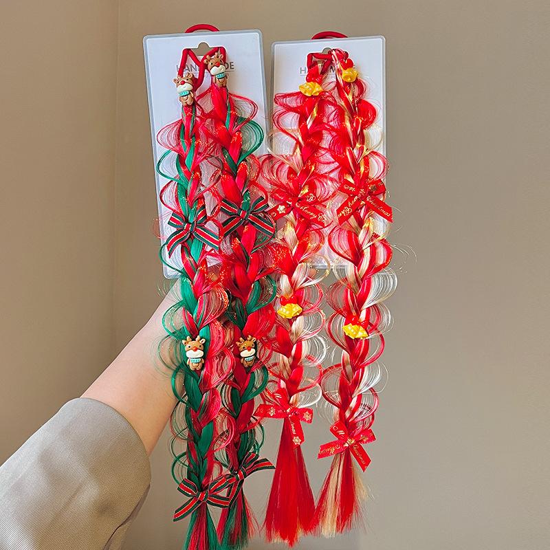 Christmas Children'S Hair Accessories Red Bow Santa Lantern Wig Braid Hair Ring Bubble Braid Wig Headband