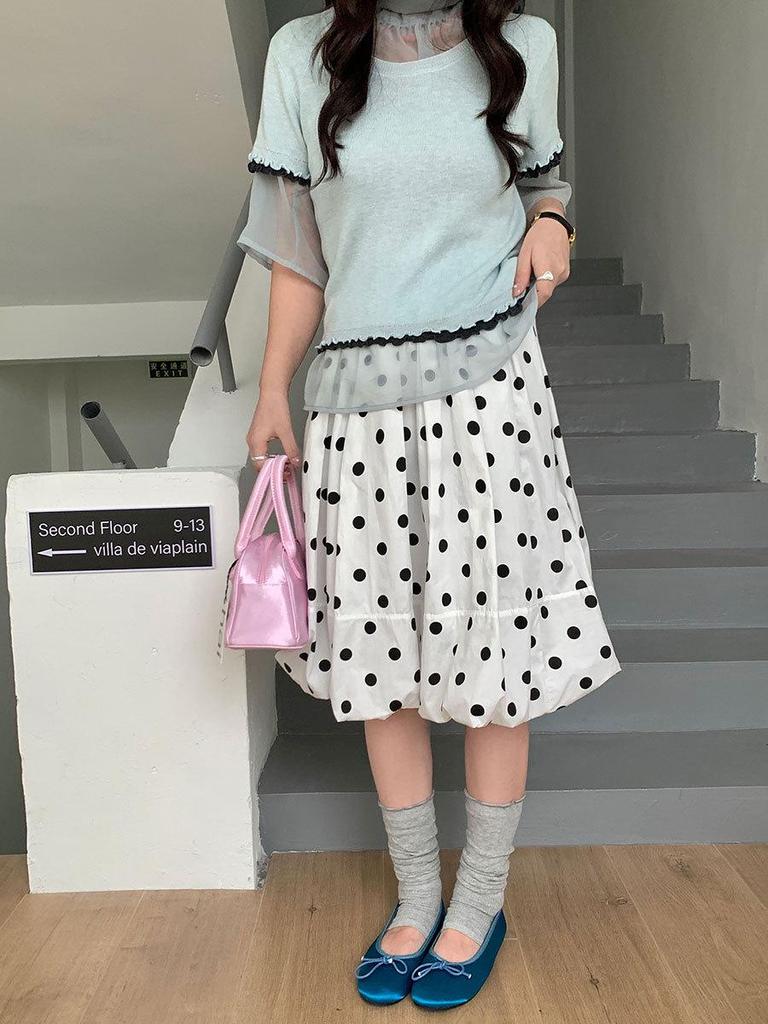 Thirteen Row Women's Fluffy Polka Dot Skirt with Elastic Waist