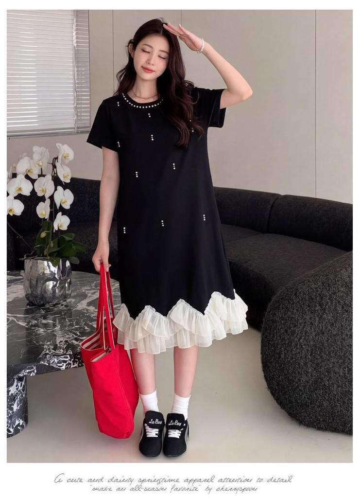 2026 Summer Petite Maternity Knit Dress - Korean Style, Loose-Fit, Slimming, Round Neck