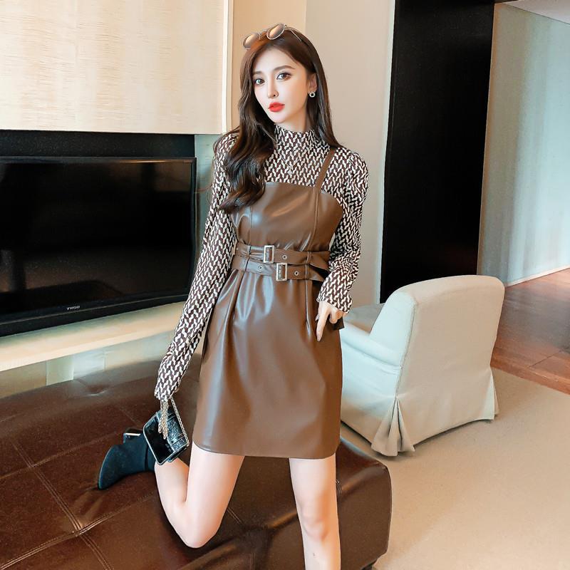 

Актуальный Дизайнерский Нишевый Французский Ретро Топ с Длинным Рукавом-Пузырем + Кожаная Юбка Платье-Халтер Комплект из Двух Предметов XL коричневый