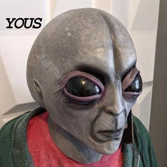 Maschera Alieno in Rete Trasparente Maschera Grigia di Halloween, Testa Intera in Lattice Cosplay UFO con Grandi Occhi Realistici, Morbido Oggetto di Scena per Feste Sci-Fi per Adulti, Scherzo