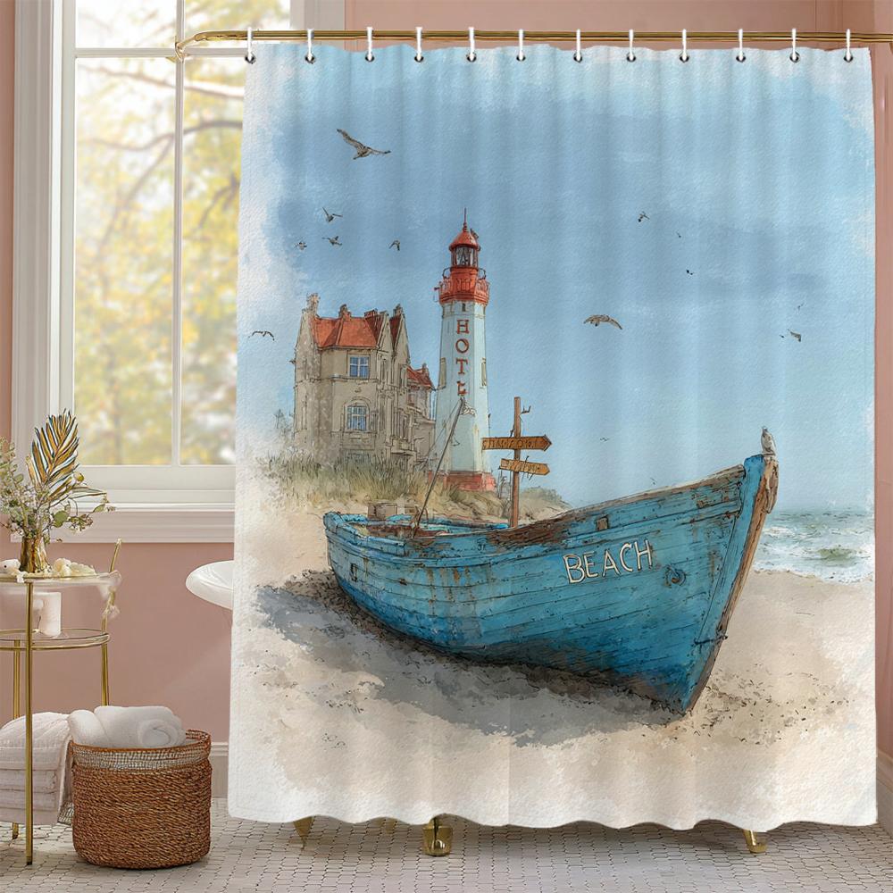 Blue Sea ocean beach scenery Theme Shower Curtain, Bathroom Decorative Shower Curtain, Print polyester Curtain with Hooks