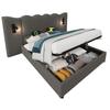 Upholstered Double Bed 180×200, Reading Lamp, USB Type-C Charging, Storage Bed Frame with Solid Wood and Metal Slats, Grey, Linen (Without Mattress)