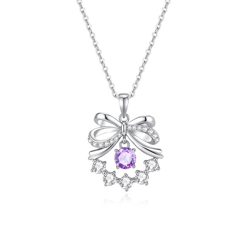 S925 Sterling Silver Bowknot Necklace Gentle Style Natural Color Gem Crystal Pendant For Women 925 silver