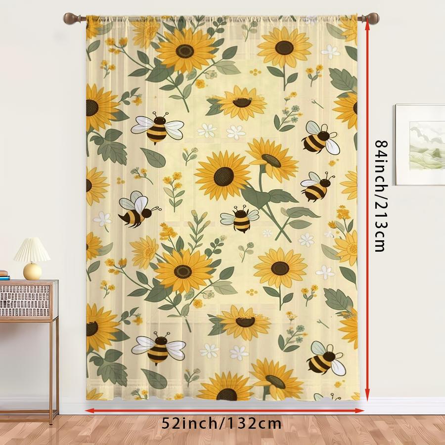 1PC Sheer Curtain Sunflower Bee Cartoon Yellow Print, Rod Pocket Window Curtain for Living Room Bedroom Kids Decor