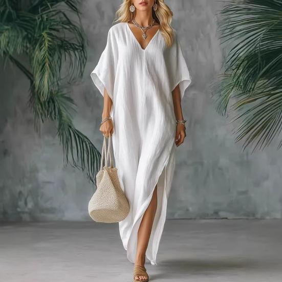 Damen Baumwolle Leinen Langes Kleid Fledermaus Kurzarm V-Ausschnitt Tunika Kleid Sommer Hoher Schlitz Fließendes Strand-Sonnenkleid