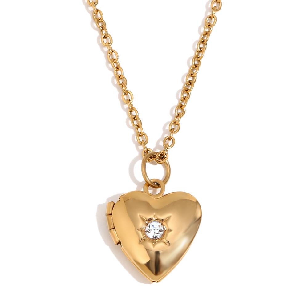 18K Gold-Plated Stainless Steel Heart Locket Necklace with December Birthstone in European and American Simple Niche Design Style