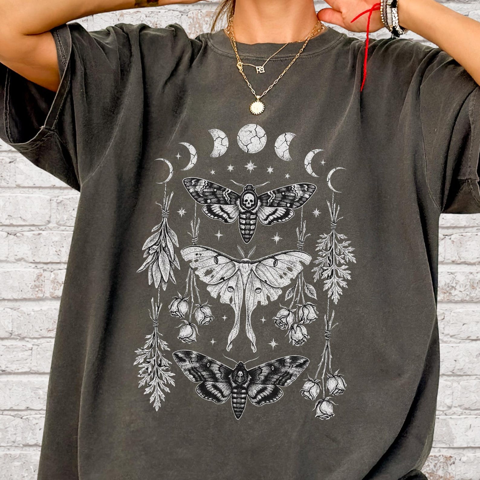 Moth Moon Shirt | Witchy Moth Graphic Tee, Lunar Insect Art Shirt, Gothic Nature Illustration T Shirt, Occult Cottagecore Top M
