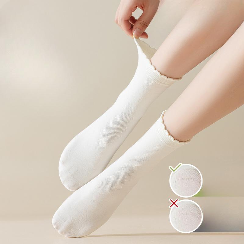 Grey Dui Dui Socks, Women's Mid-calf Cotton Socks, Summer Thin, Damp, Odor-proof, Boneless, White Black Fungus Lace Spring and Autumn Long Socks
