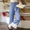 VONDA Women Casual Elastic Waist Drawstring Plaid Trousers