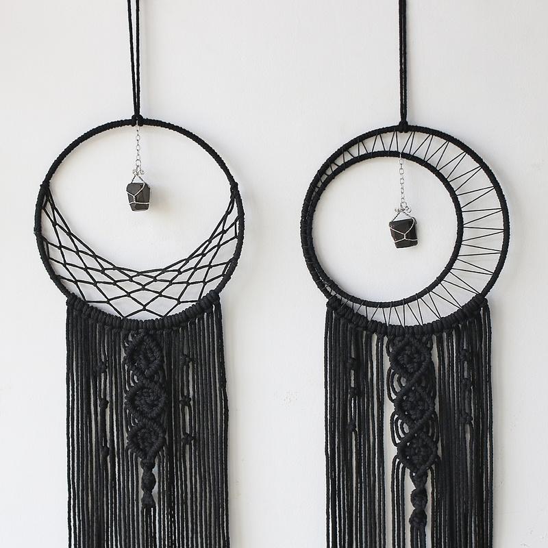 Black Macrame Wall Hanging Tapestry Sun Moon Dream Catcher Woven Handmade Home Decor