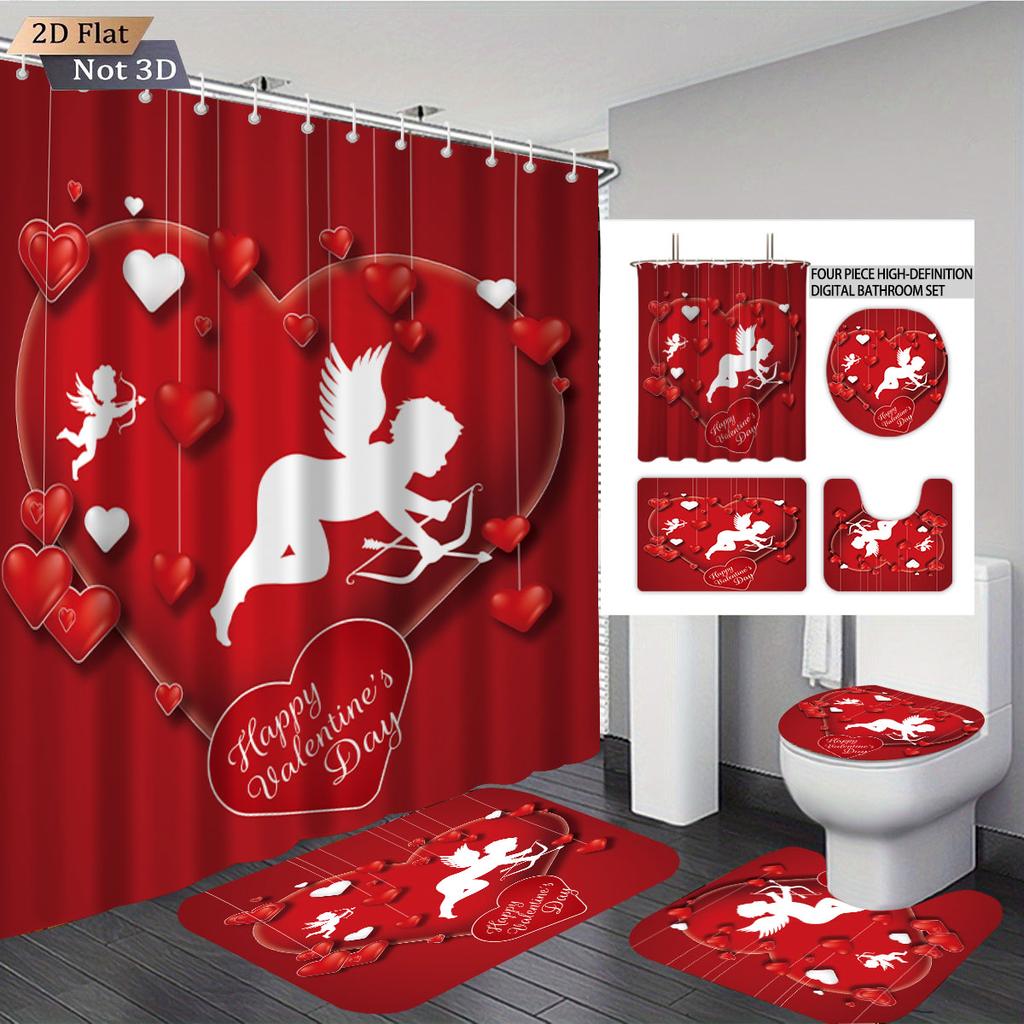 4pcs Valentine's Day Romantic Rose Flower Printed Bathroom Set Waterproof Shower Curtain Floor Mat Toilet Mat U-Shaped Mat
