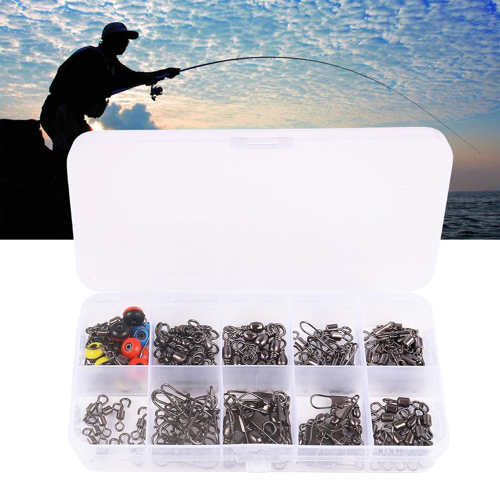 115 Stück Angelwirbel Zubehör-Set mit Fasswirbeln, Einhängewirbeln, Schiebeperlen für Bleie, Kugellagerwirbeln, Angelschnurverbindern