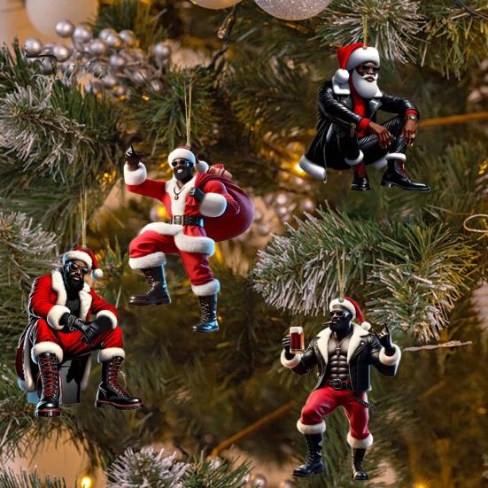4Pcs Santa Claus Christmas Ornament 2D Acrylic Car Accessory Xmas Tree Hanging Decoration for Holiday Decor