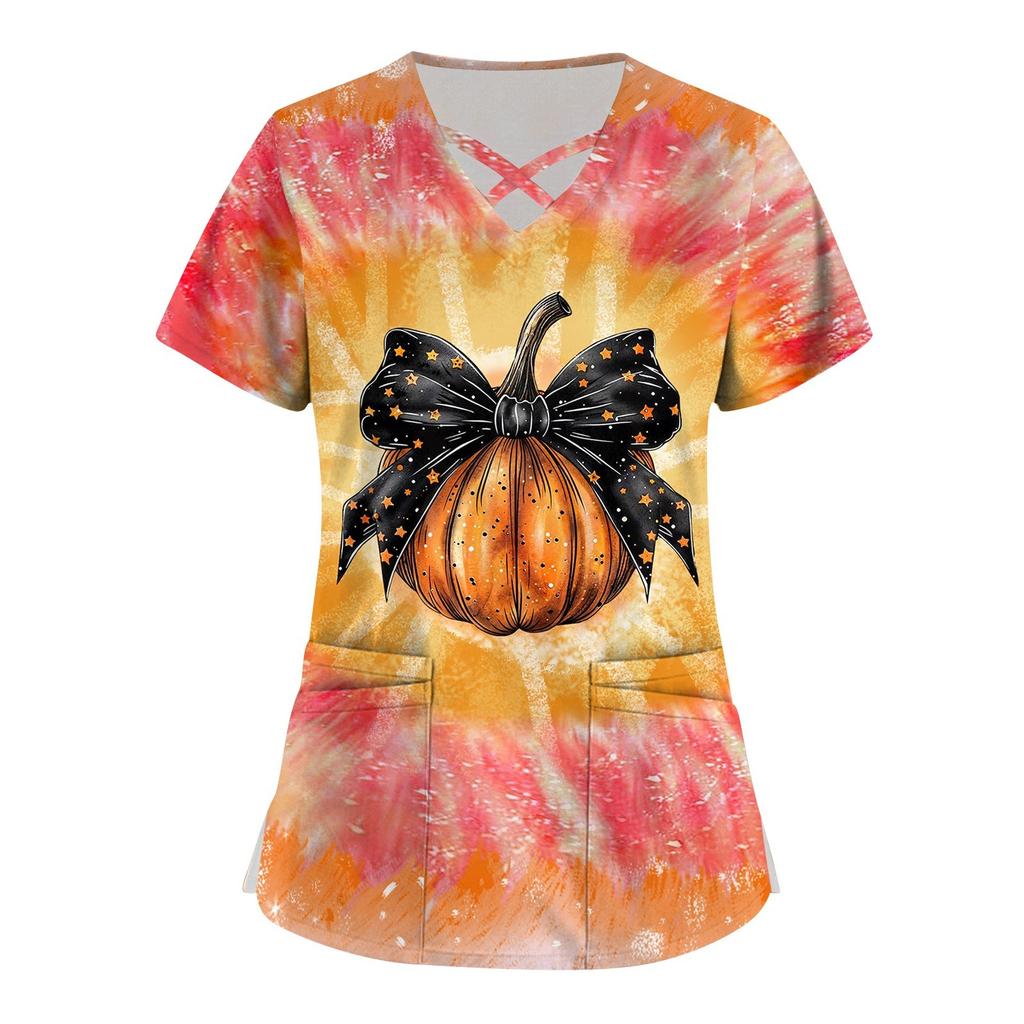 Women's Printed Work Clothes With V Neck And Double Layer Pocket Basic Tops Pullover