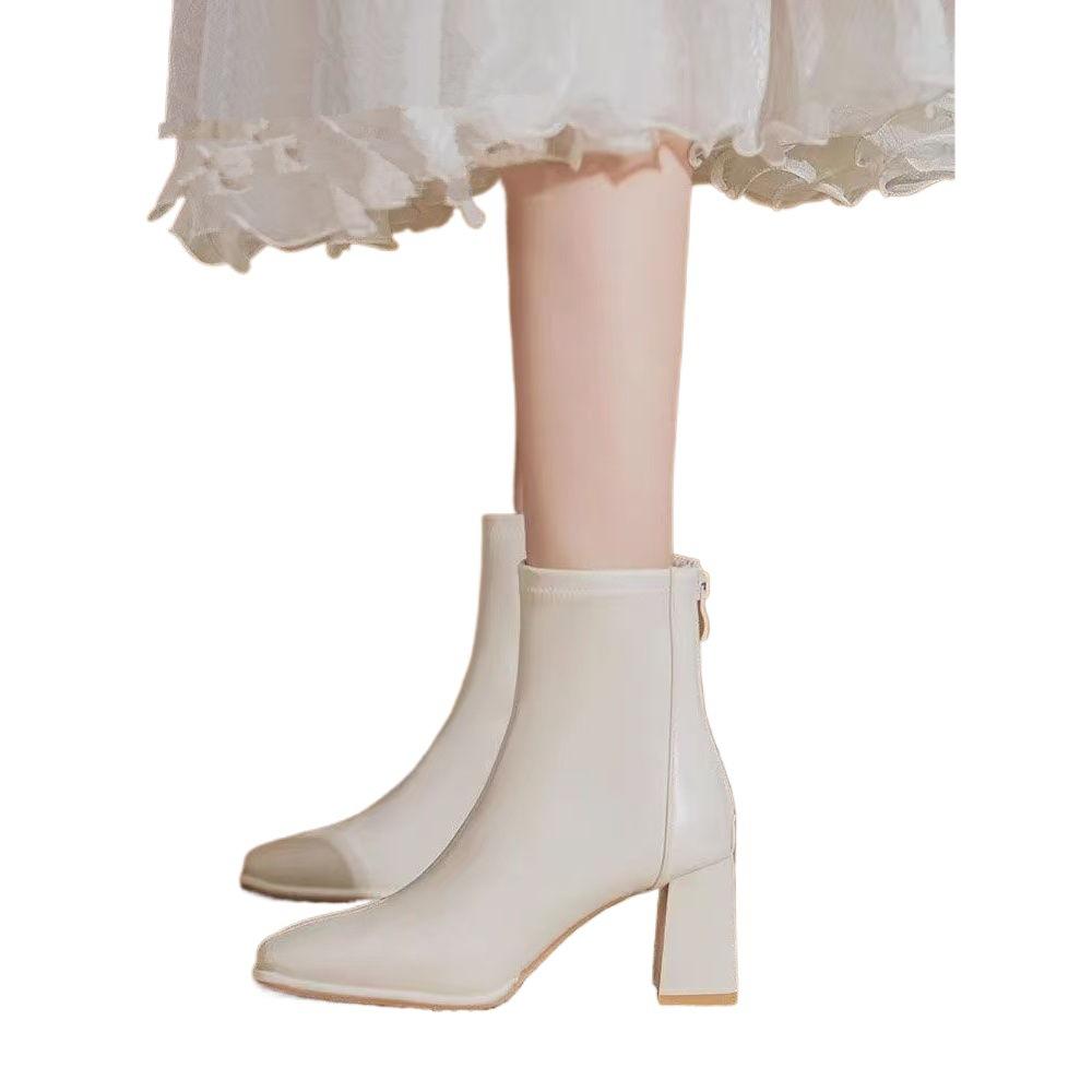 Soft Leather Foreign White Short Boots High-heeled Boots Women's 2025 Autumn and Winter New Martin Boots Thick Heel Rear Zipper Thin Boots