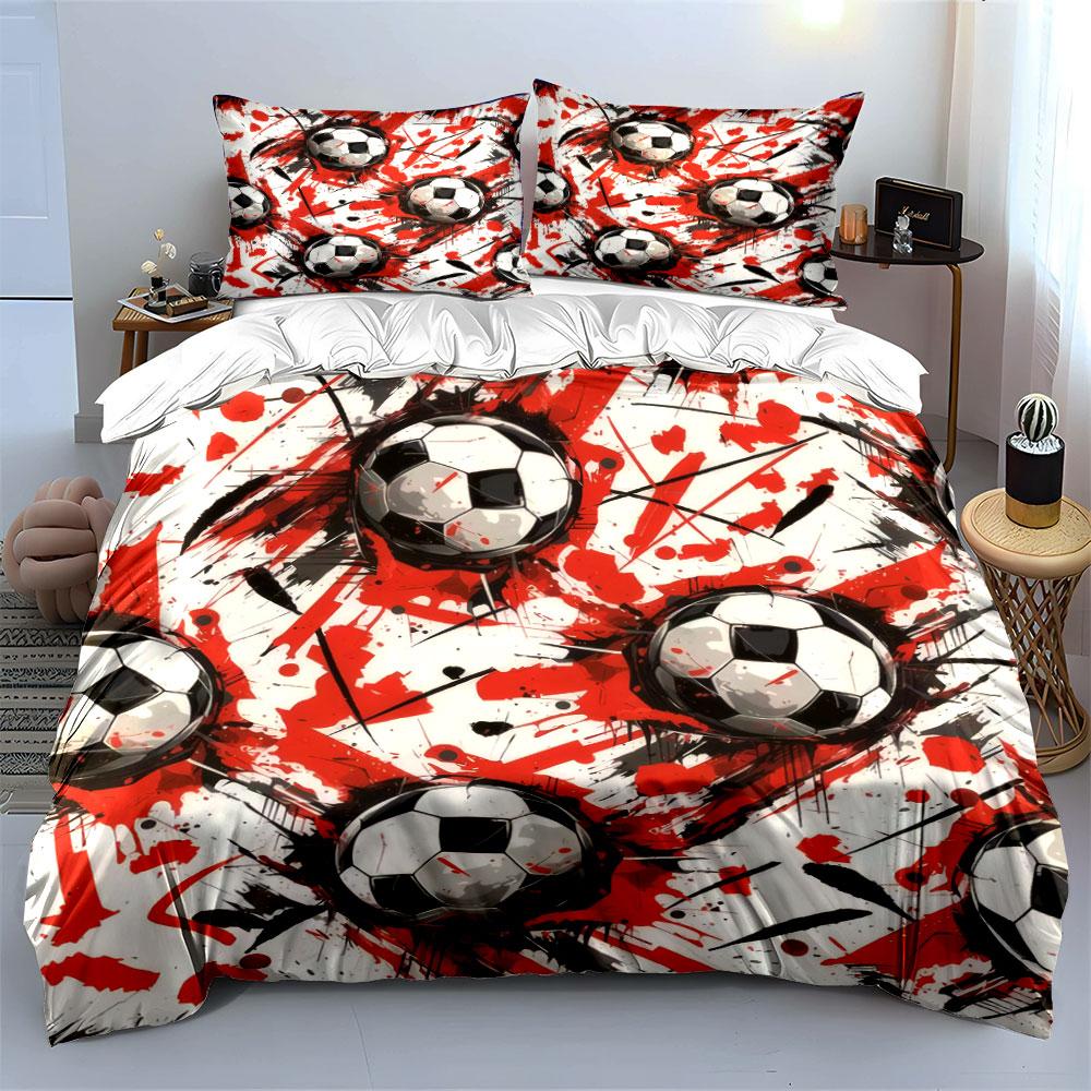 Red And Black Splash Soccer Ball Pattern 3Pcs Bedding Set Soft Microfiber Bedding Set For Football Fans Boys Bedroom