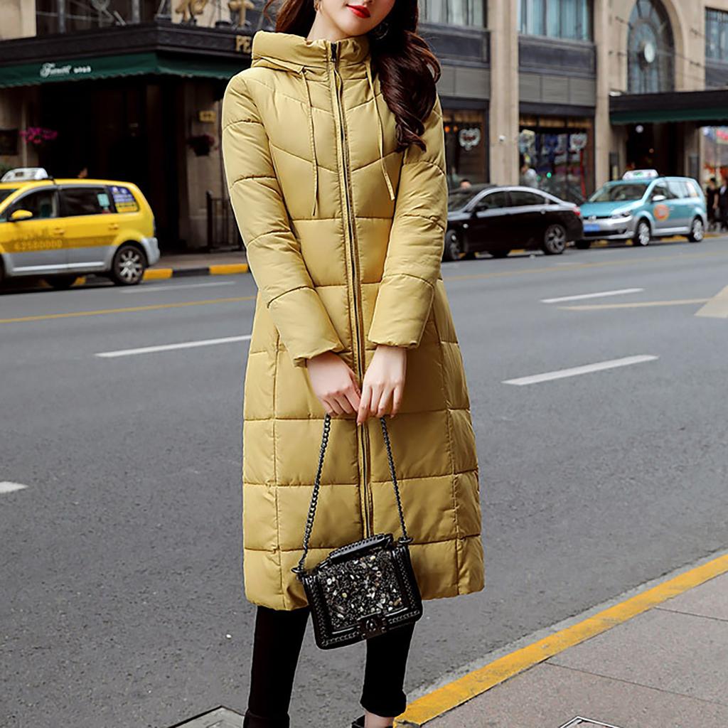Womens Ladies Warm Plus Size Solid Color Hooded Single Breasted Medium Length Cotton Jacket Waistcoat Slim Cardigan Coat