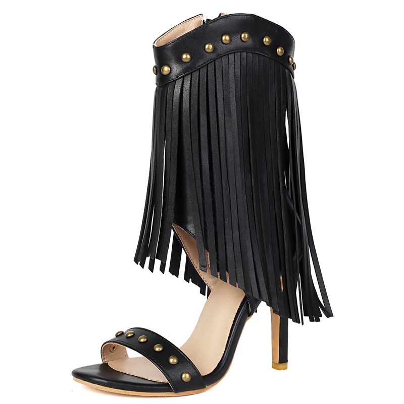 Design Female Sandals Open Toe Stiletto 10.5cm Rivets Metal Decor Plus Size 45 46 47 48 Tassels Dating Fashion Shoes