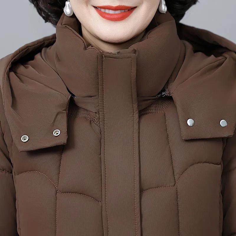 Women's Winter Thickened Hooded Parkas Quilted Long Pockets Middle Aged Female Overcoat